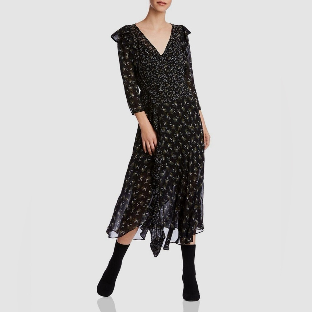 Anthropologie Bailey 44 Ophelia Black Floral Print Ruffle Midi V Neck Boho Dress - Picture 14 of 15